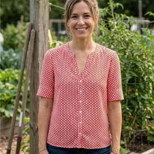 Flounce Red & White Geometric Print Button Down Shirt - Size M